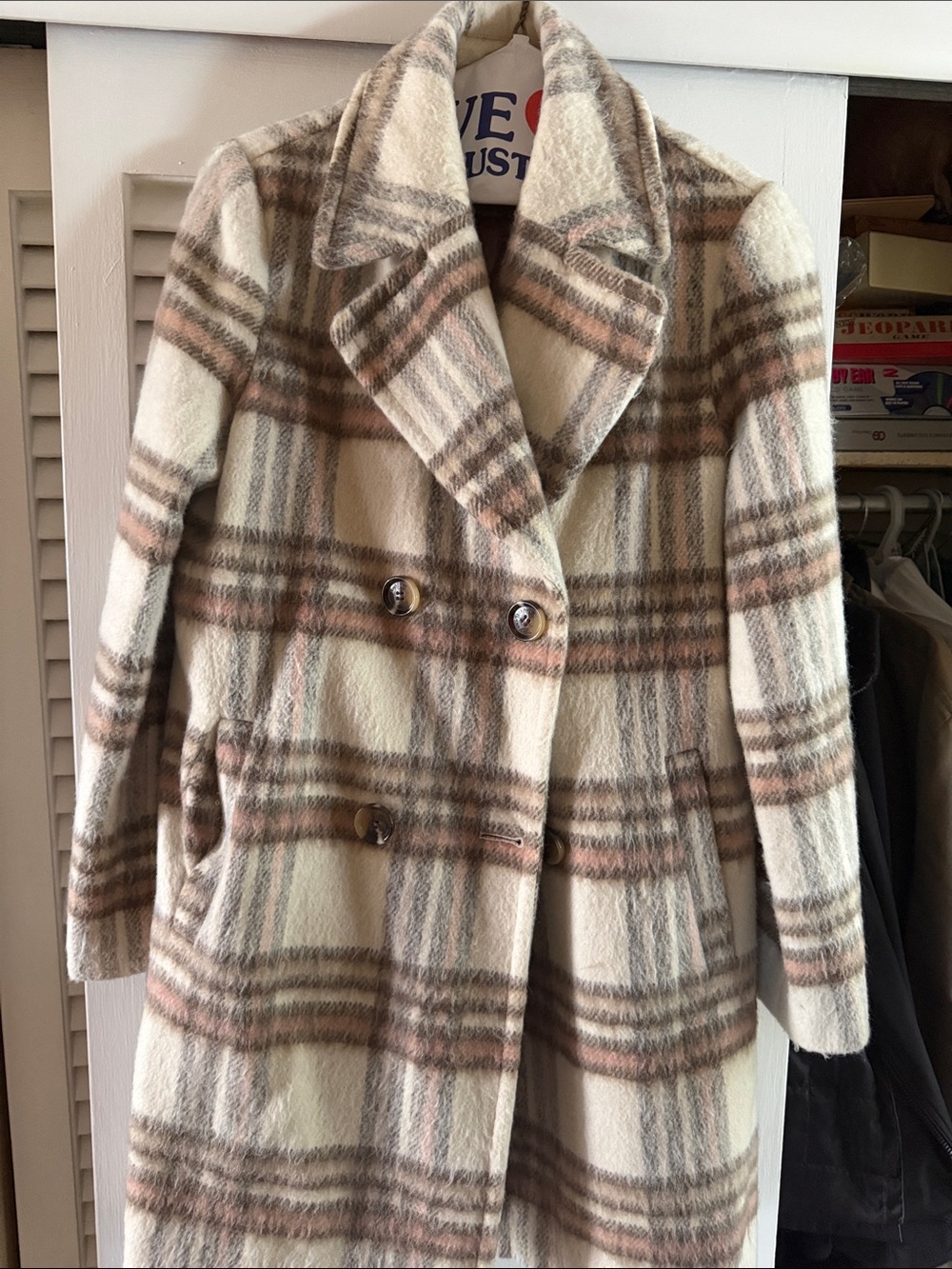 Sam Edelman Plaid Double-Breasted Wool Blend Coat - Cream & Brown